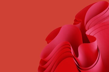 Abstract pink 3d render wavy object on a red background. Creative 3d object wallpaper