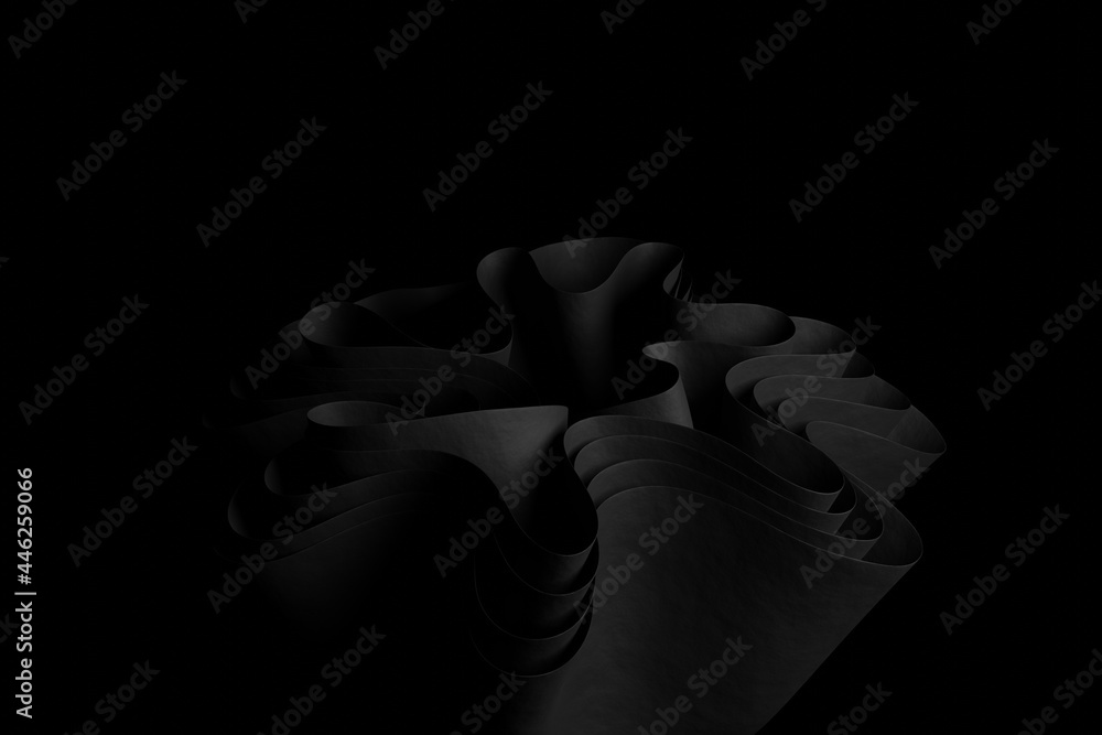 Poster 3d render black abstract wavy form on a black background. wallpaper with creative 3d object