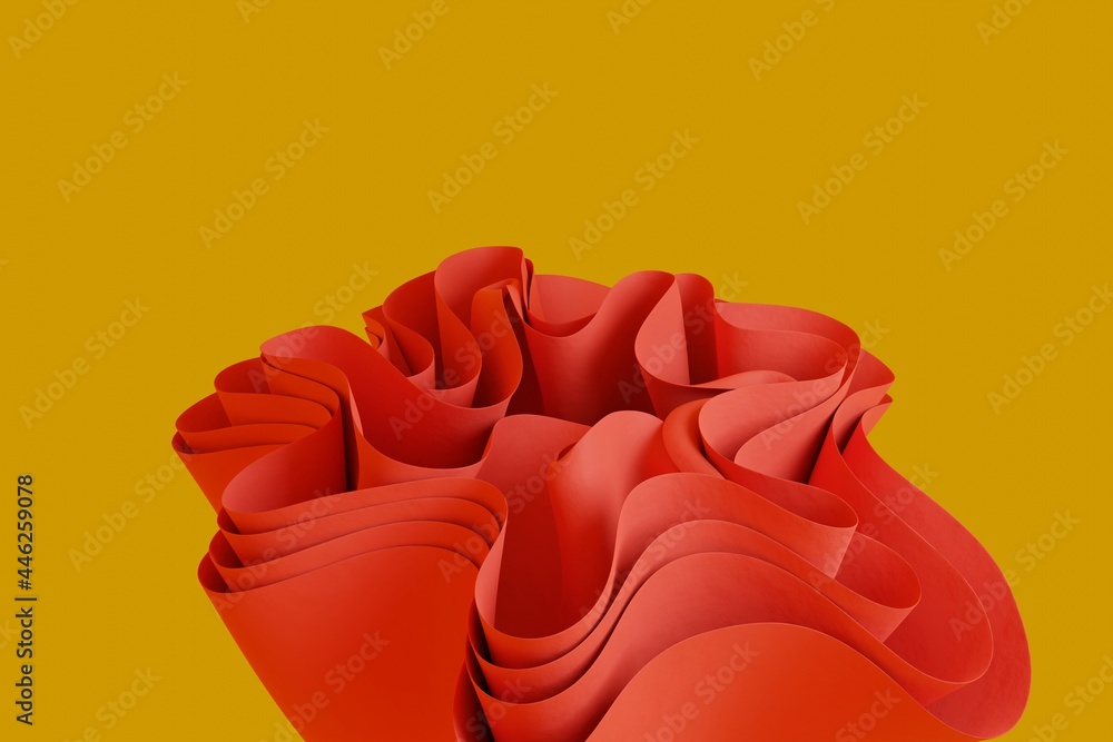 Poster on an orange background, 3d render a red abstract wavy form. wallpaper with 3d objects in a creative