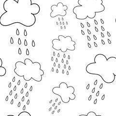 Abstract baby rainy clouds on white background, texture for design, seamless pattern, vector illustration