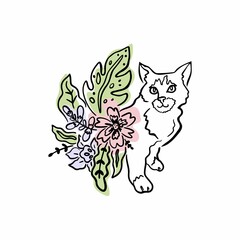 Vector illustration of a cat drawing by lines in the style of minimalism. Cat in flowers in modern style line art isolated on white background.