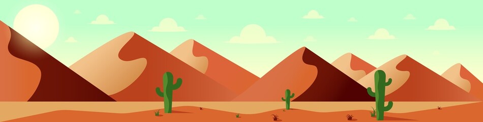 Vector desert landscape. Wallpaper for desktop. Cover. Ultrawide wallpaper. Wallpaper for two monitors