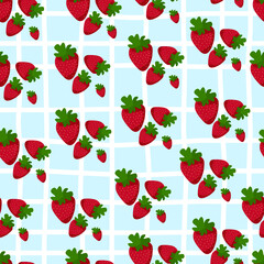 Seamless pattern with strawberry on a checkered tablecloth. Summer time. Vector illustration