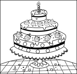 Black and white vector illustration of a birthday cake.