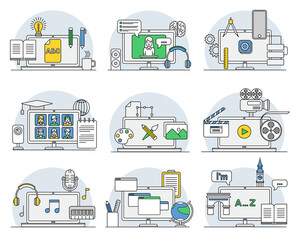 Online Professions with Learning Platform and Computer Interface Display Line Vector Set