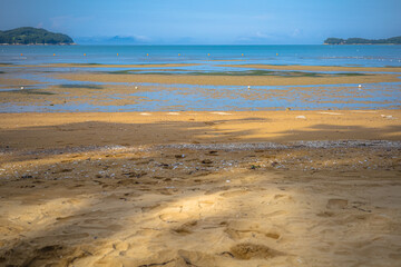 썰물로 넓은 모래 사장이 나타난 해수욕장 풍경