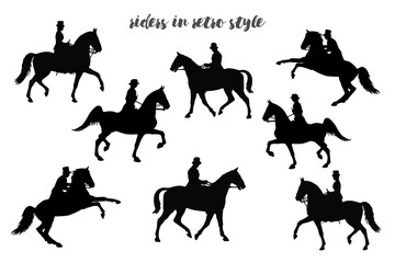 set, isolated realistic black silhouettes riders on a white background