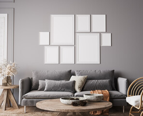 Cozy gray living room in Scandinavian boho design, 3d render	