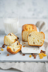 Homemade freshly baked butter sponge cake with raisins on white table with glass of milk. Sweet bakery - beautiful breakfast, macro shot, close up view with copy space. Biscuit dessert.