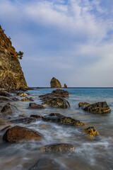 Picturesque Mediterranean seascape in Turkey. Picture taken in small bay near the Tekirova village, District of Kemer, Antalya Province. Long exposure photo.