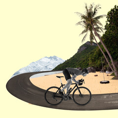Riding a bicycle. Side view bw image of professional male cyclist riding on asphalt curving road along sandy beach
