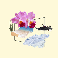 Modern conceptual art collage. Creative image. Beach, mountains and big pink flower in thin black frame over light background