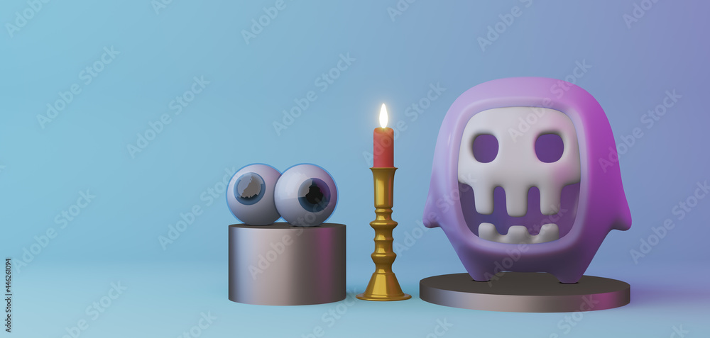 Canvas Prints halloween banner with funny ghost cartoon character on light blue background and copy space. 3d rend