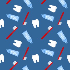 blue dental tooth paste brush repeat seamless pattern doodle cartoon style wallpaper Vector illustration