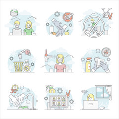 Fototapeta na wymiar Pandemic with Hand Sanitizing, Stay Home and Mask Wearing Line Vector Set