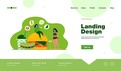 Fat woman keeping unhealthy diet, eating junk food, having high cholesterol and health problem. Vector illustration for fitness, obese people diseases, overweight concept.