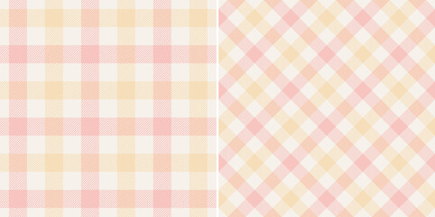 Vichy pattern seamless design in pink, yellow, off white. Light pastel gingham graphic vector for gift paper, tablecloth, oilcloth, picnic blanket, other modern spring summer textile or paper print. - 446262656