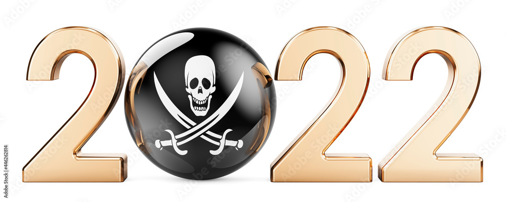 Poster 2022 with pirate flag. 3d rendering
