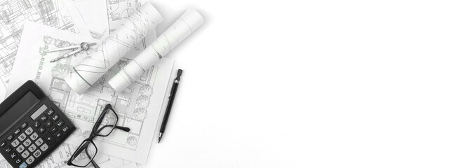Architectural banner background, sketch plans and blueprints on white office table with calculator, glasses and pen. Top view and copy space photo