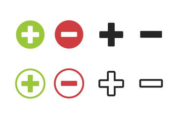 Icon collection of plus, minus. Set of isolated add, subtract buttons. Flat, simple, line, modern symbol design for web, app, and UI. Vector illustration