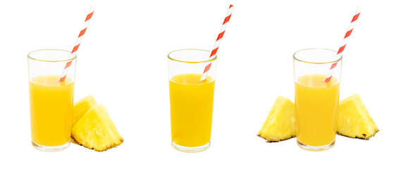 Fresh homemade pineapple juice in a glass with slices and a straw set isolated on white background.