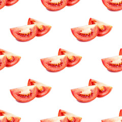 Red tomato slices repeat seamless pattern on white background.