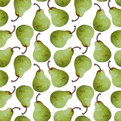 watercolor sweet fresh green pear fruit repeat seamless pattern doodle cartoon modern style wallpaper vector illustration
