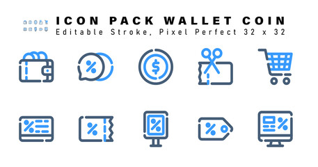 Icon Set of Wallet Two Color Icons. Contains such Icons as Cart, Card Discount, Coupon, Billboards etc. Editable Stroke. 32 x 32 Pixel Perfect