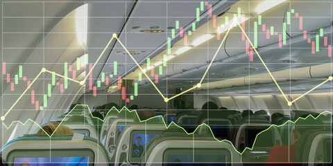Stock financial index data with candlesticks, graph and chart on interior of aircraft cabin for...