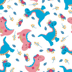 Dinosaur seamless pattern. Pink dinosaur and blue dinosaur. Vector isolated on white background. Dinosaur cute character