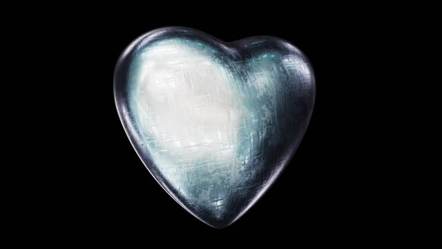 Realistic seamless looping 3D animation of the spinning vintage scratched steel or silver heart rendered in UHD with alpha matte