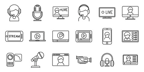 Live streaming icons set outline vector. Video stream