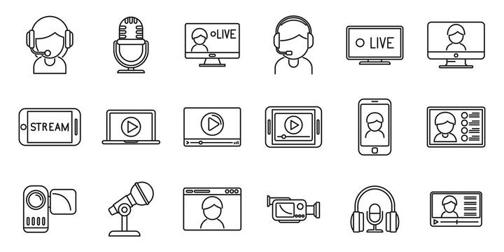 Live streaming icons set outline vector. Video stream