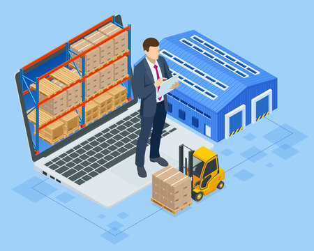 Isometric Smart Warehouse Management System. Concept Of Automatic Logistics Management. Packages Are Transported In High-tech Settings, Online Shopping