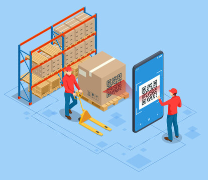 Isometric Smart warehouse management system. Concept of automatic logistics management. Packages are transported in high-tech Settings, Online shopping