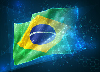 Brazil,  vector flag, virtual abstract 3D object from triangular polygons on a blue background