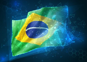 Fotobehang Brazil,  vector flag, virtual abstract 3D object from triangular polygons on a blue background © coffeemill