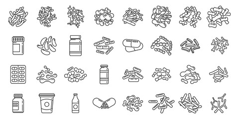 Probiotics microbiology icons set outline vector. Stomach bacteria