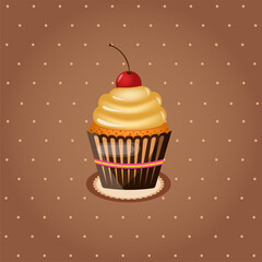 Vintage retro cupcake with cream and cherries on a napkin