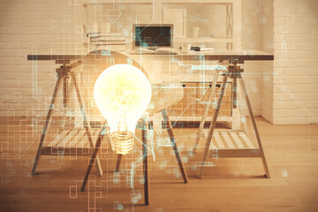 Double exposure of bulb and office interior background. Concept of idea.