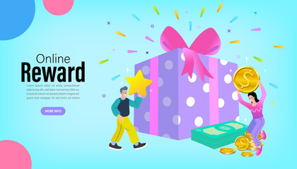 Woman and Man Standing near Gift Box. People Characters Receiving Online Reward. Loyalty reward points for purchase cashback program. Earn and get bonus signs. Vector Illustration. 