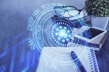 Double exposure of data theme drawing and mobile phone background. Concept of innovation