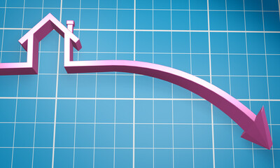 Fototapeta premium An 3D illustration of a house icon in an downward direction. An negative falling trend in real estate price. (3D rendering).