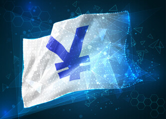 yen currency, vector flag, virtual abstract 3D object from triangular polygons on a blue background