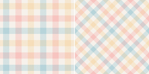 Gingham pattern seamless print in pink, blue, yellow, off white. Light pastel vichy graphic vector for gift paper, tablecloth, oilcloth, picnic blanket, other modern spring summer fabric design. - 446266679