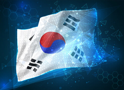 Korea,  Vector Flag, Virtual Abstract 3D Object From Triangular Polygons On A Blue Background