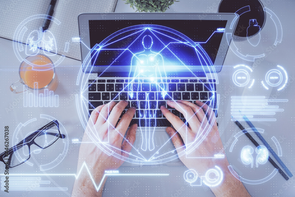 Poster double exposure of man's hands typing over computer keyboard and science theme hologram drawing. top