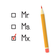 Check boxes with three title options. Red tick against the gender neutral honorific Mx
