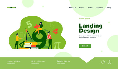 Happy students learning math in college or school isolated flat vector illustration. Cartoon digits, geometry figures, algebra formulas and arithmetic symbols. Education and knowledge concept