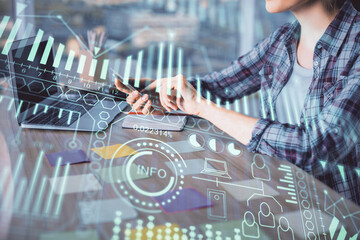 Double exposure of woman hands typing on computer and technology theme drawing. High Tech concept.